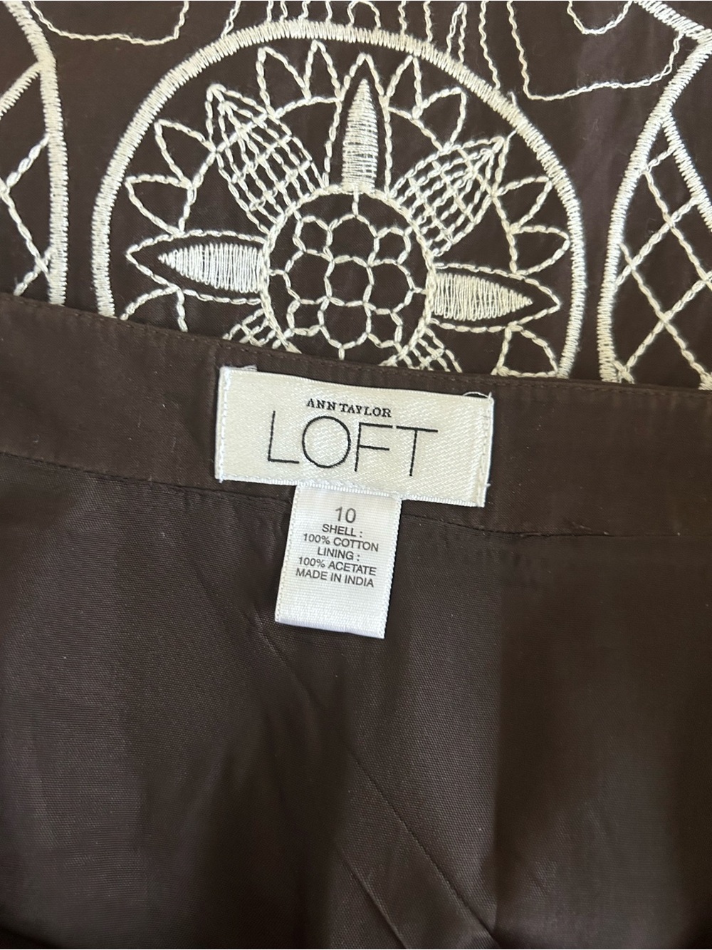LOFT Embroidered Brown and White Size 10 Midi Skirt - Picture 5 of 5